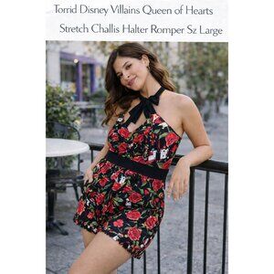 Torrid Disney Villains Queen of Hearts Stretch Challis Halter Romper Sz L Goth